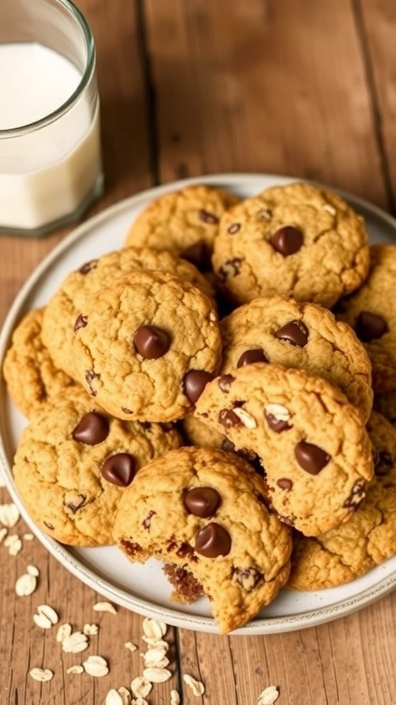 A plate of oatmeal lactation cookies with chocolate chips and a glass of milk on a wooden table.